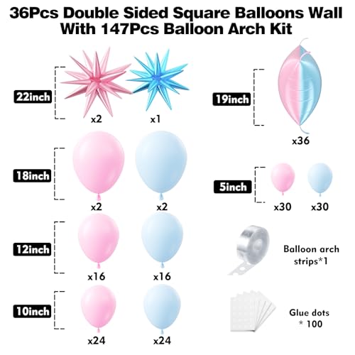 36pcs Pink and Blue Square Foil Balloons Wall Backdrop with 147pcs Balloon Garland Arch Kit, Double Sided Balloons for Princess Birthday Boy or Girl Gender Reveal Baby Shower Party Decorations