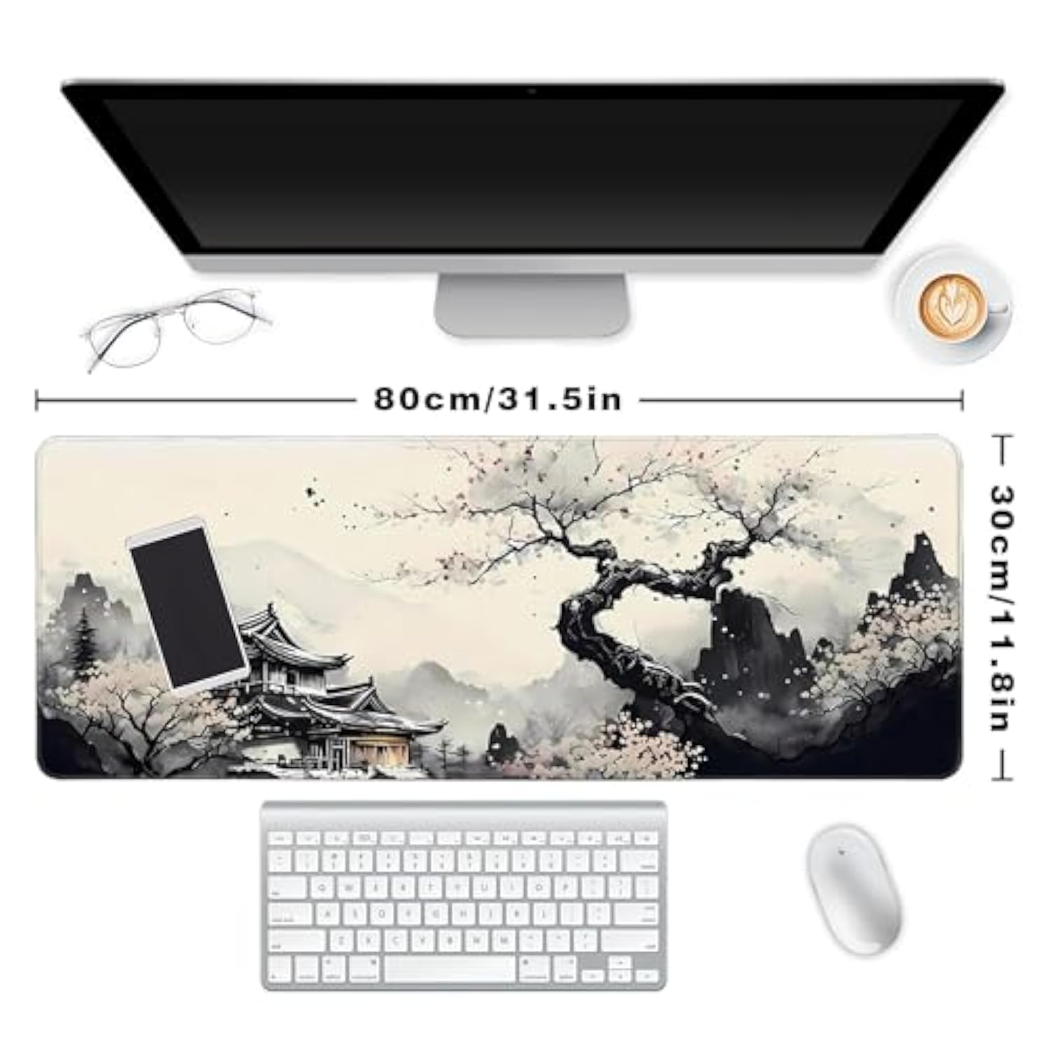Long Gaming Mouse Pad Extended Anime Large Desk Pad With Non-Slip Base Full Keyboard Mat With Stitched Edges For Gaming And Office 31.5 X 11.8 Inches (Wash Painting)