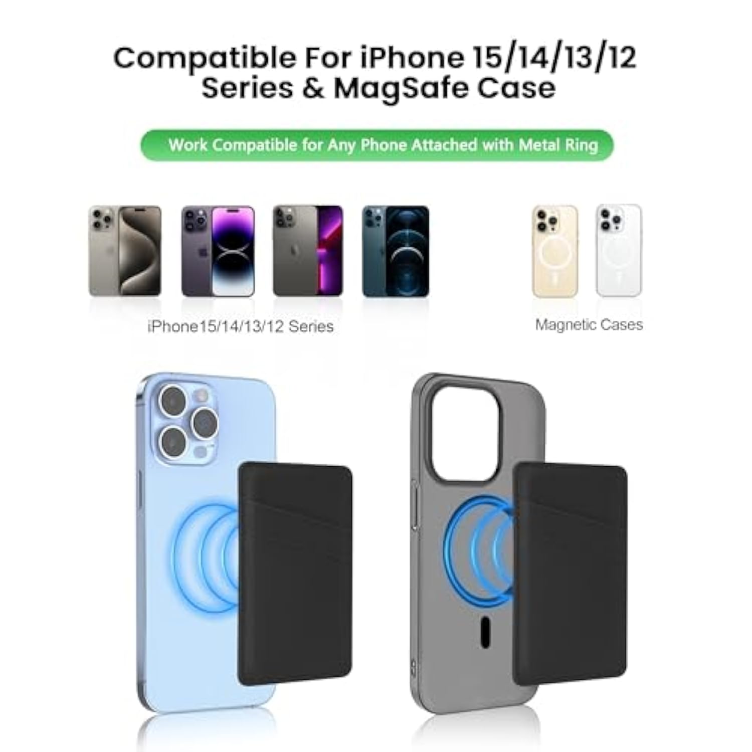 MagSafe Compatible Leather Wallet Card Holder for iPhone 15/14/13/12 - Black