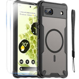For Google Pixel 6A Case With Magsafe Magnetic Slim Shockproof Protective Case,Translucent Matte Back With Lanyard Strap And 2 * 9H Tempered Glass Screen Protector Phone Cover 6.1-Inch-Black