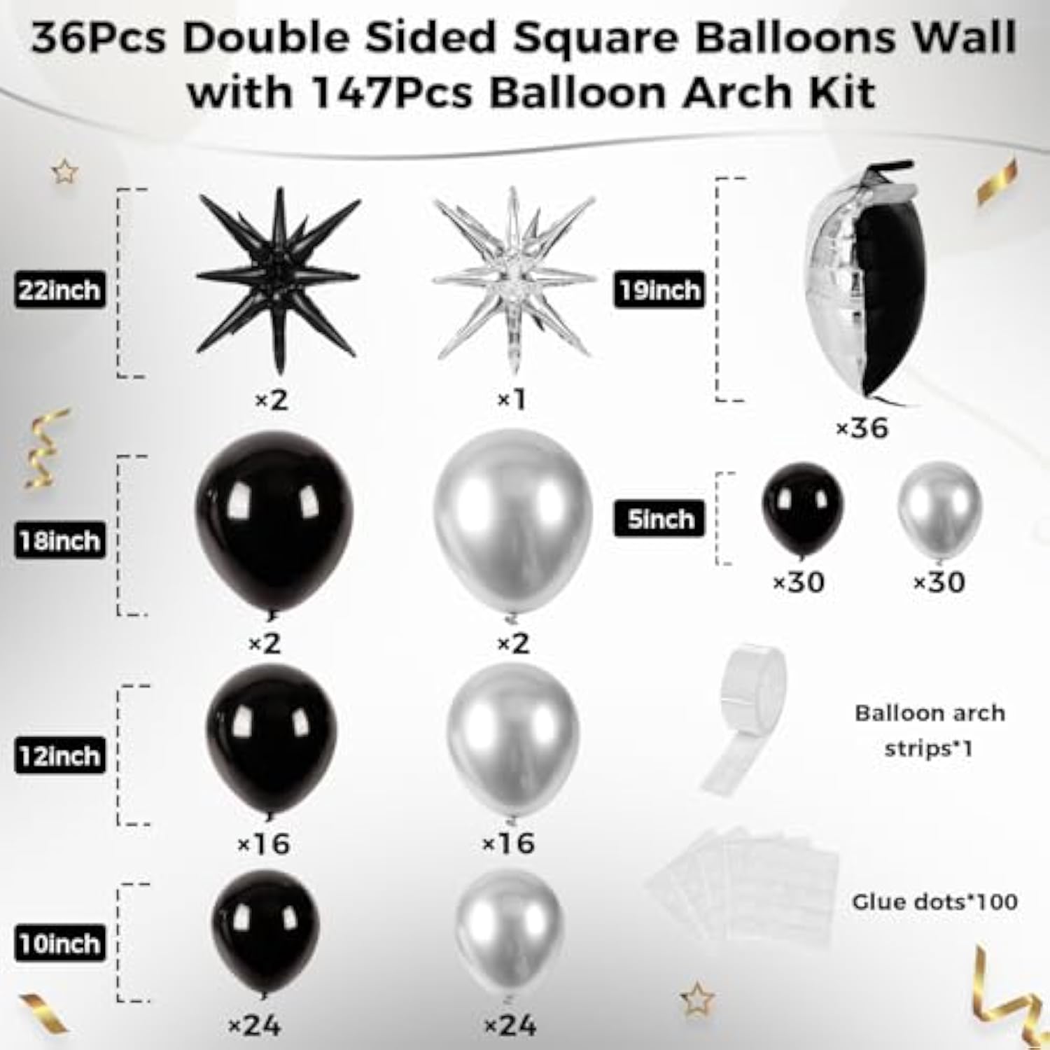 36Pcs Black And Silver Square Foil Balloons Wall Backdrop With 147Pcs Balloon Garland Arch Kit, Double Sided Balloons For Birthday Anniversary New Year Graduation Prom Party Decorations