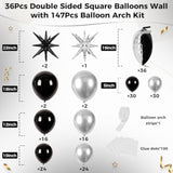 36Pcs Black And Silver Square Foil Balloons Wall Backdrop With 147Pcs Balloon Garland Arch Kit, Double Sided Balloons For Birthday Anniversary New Year Graduation Prom Party Decorations