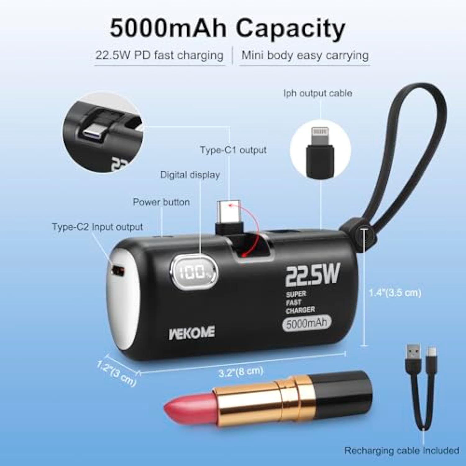 Mini Power Bank Portable Power Charger, Fast Charging 22.5W, 5000Mah Capacity With C Connector For All Smartphones, Travel Portable Charger Compatible For All Iphone 16/15/14/13/12/11 Android