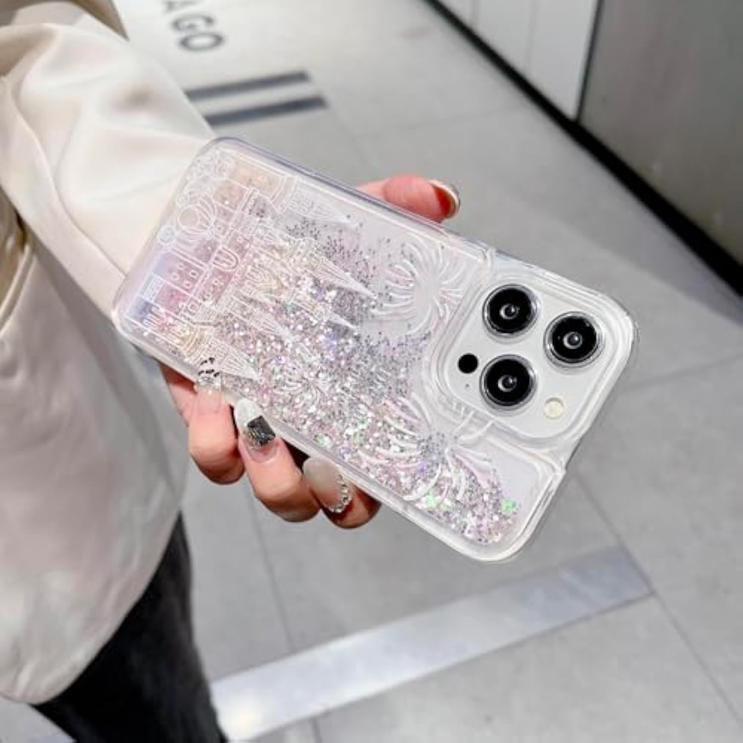 For Iphone 16 Pro Max Bling Liquid Castle Fireworks Case, Cute Luxury Sparkle Flowing Glitter Quicksand Shockproof Protective Case Cover For Girls Women Kids (Pink)