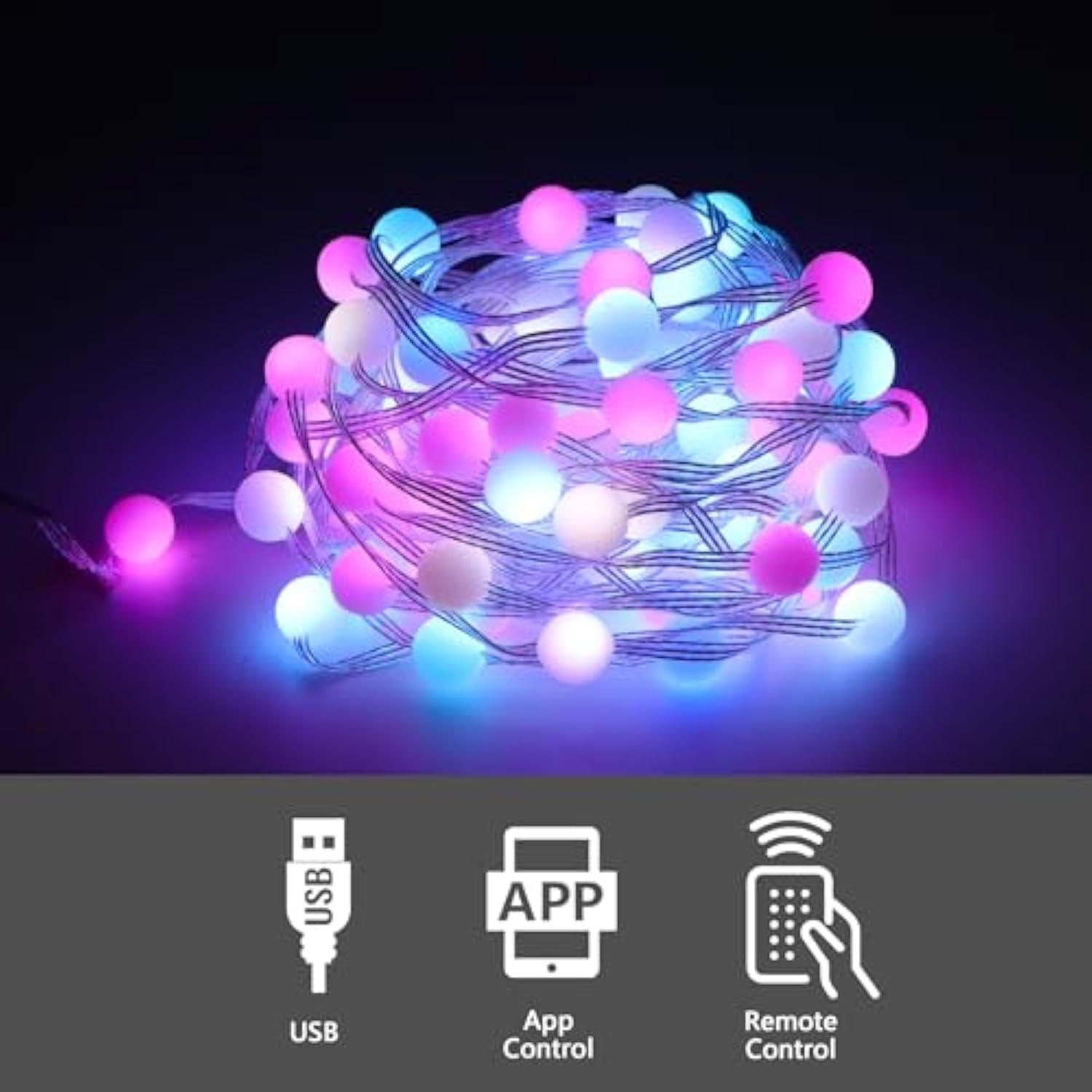 33Ft Rgb Globe String Lights, 100 Balls Diy Color Changing Fairy Lights Usb Powered With Remote & App Control, Music Syn