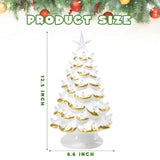 12.6-Inch Ceramic Christmas Tree With Led Lights, Battery Operated Pre-Lit White And Gold Tabletop Holiday Decor, Small Light-Up Christmas Ornament For Home And Office