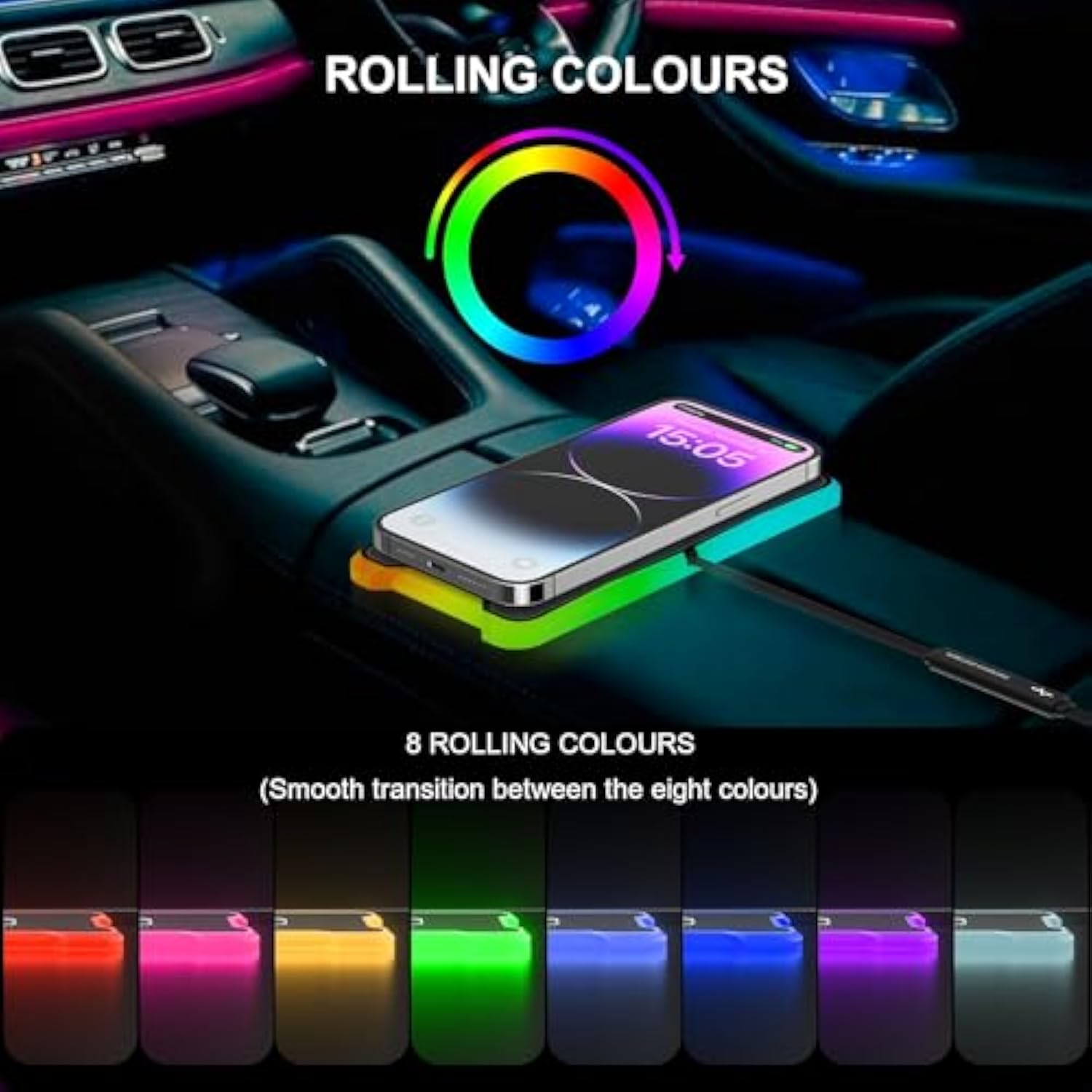 Wireless Car Charger Pad, 15W Rgb Wireless Charger For Car Type C Non Slip Charging Pad For Car Compatible With Airpods Iphone 16/15/14/13/12,Samsung Google (30Cm Cable)