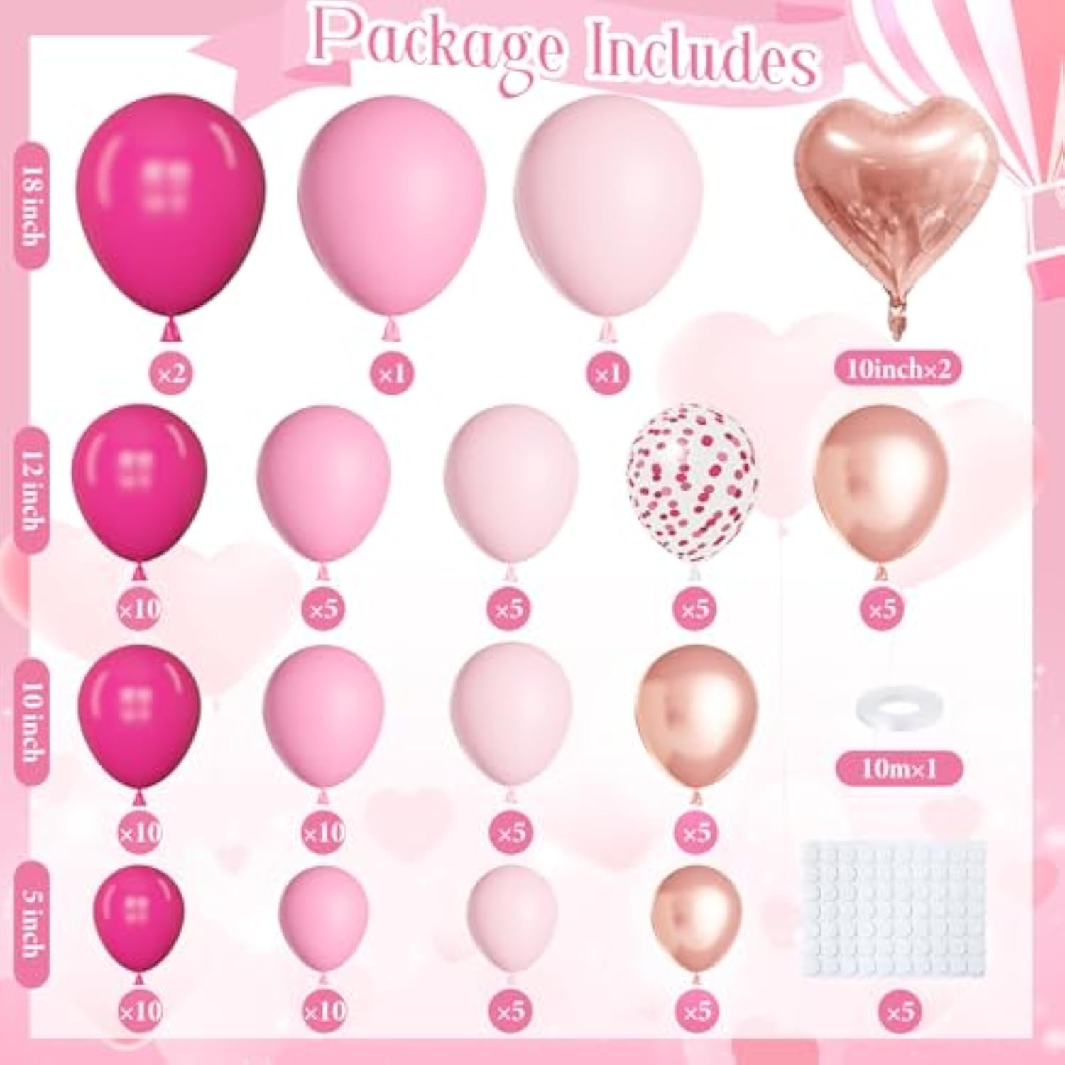 Pink Balloons Arch Garland Kit, Different Sizes 18 12 10 5Inch Hot Pink Pastel Latex Metallic Confetti Heart Foil Balloon For Girls Women Wedding Engagement Birthday Party Decorations