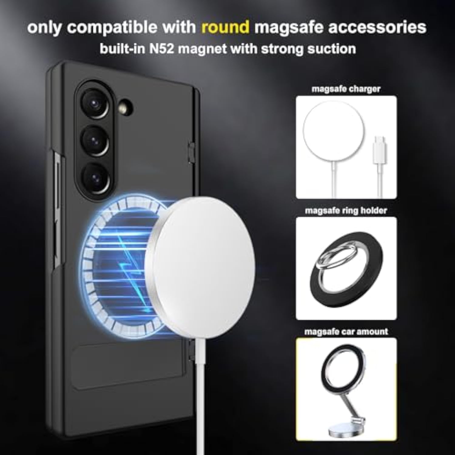 For Samsung Galaxy Z Fold 6 Case With New Integrate Thinner Pen Holder, Adjustable Metal Stand, For Round Shape Magsafe Accessories, Built In Screen Protector, Magnetic 2024, Black