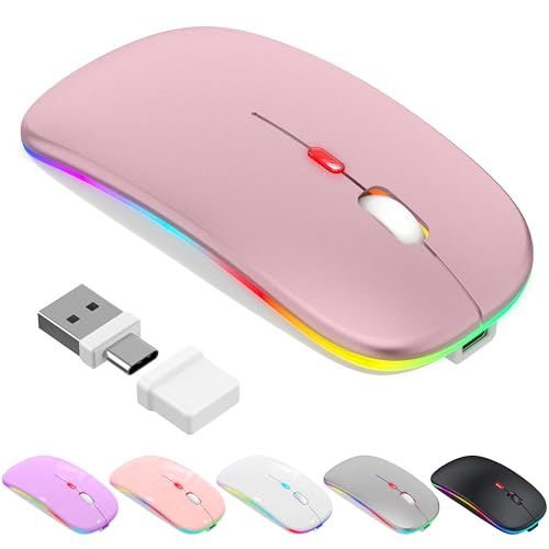 Led Bluetooth Wireless Mouse For Macbook Air Mac Pro Laptop Ipad Rechargeable Silent Light-Up Optical Mouse With Jiggler Dual Mode Bt5.2 & Usb-A/Usb-C For Students, Kids, Girls, Boys Rose Gold