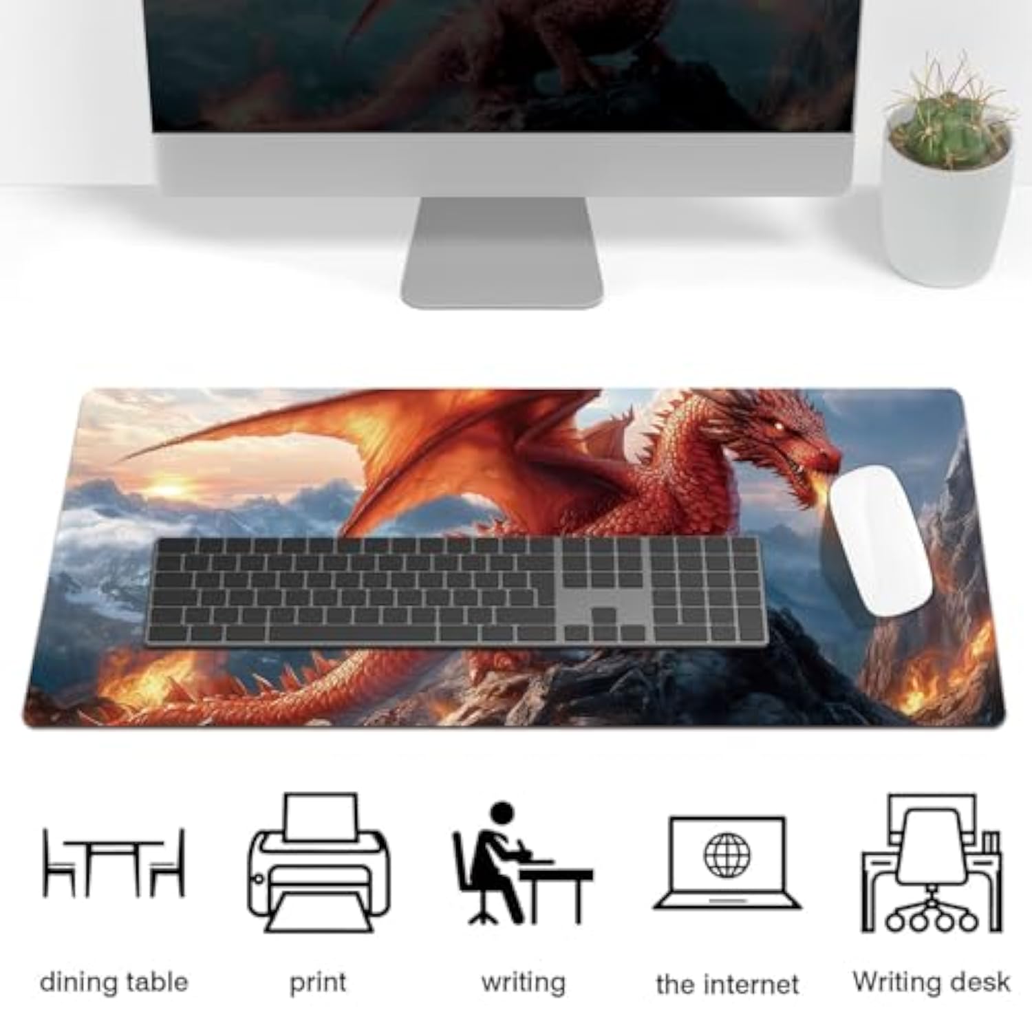 Red Dragon Large Mouse Pad, Extended Gaming Desk Mat 27.5X11.8 Inches With Non-Slip Rubber Base & Stitched Edges, Waterproof Desk Mat For Office, Home, Laptop, And Computer Keyboard