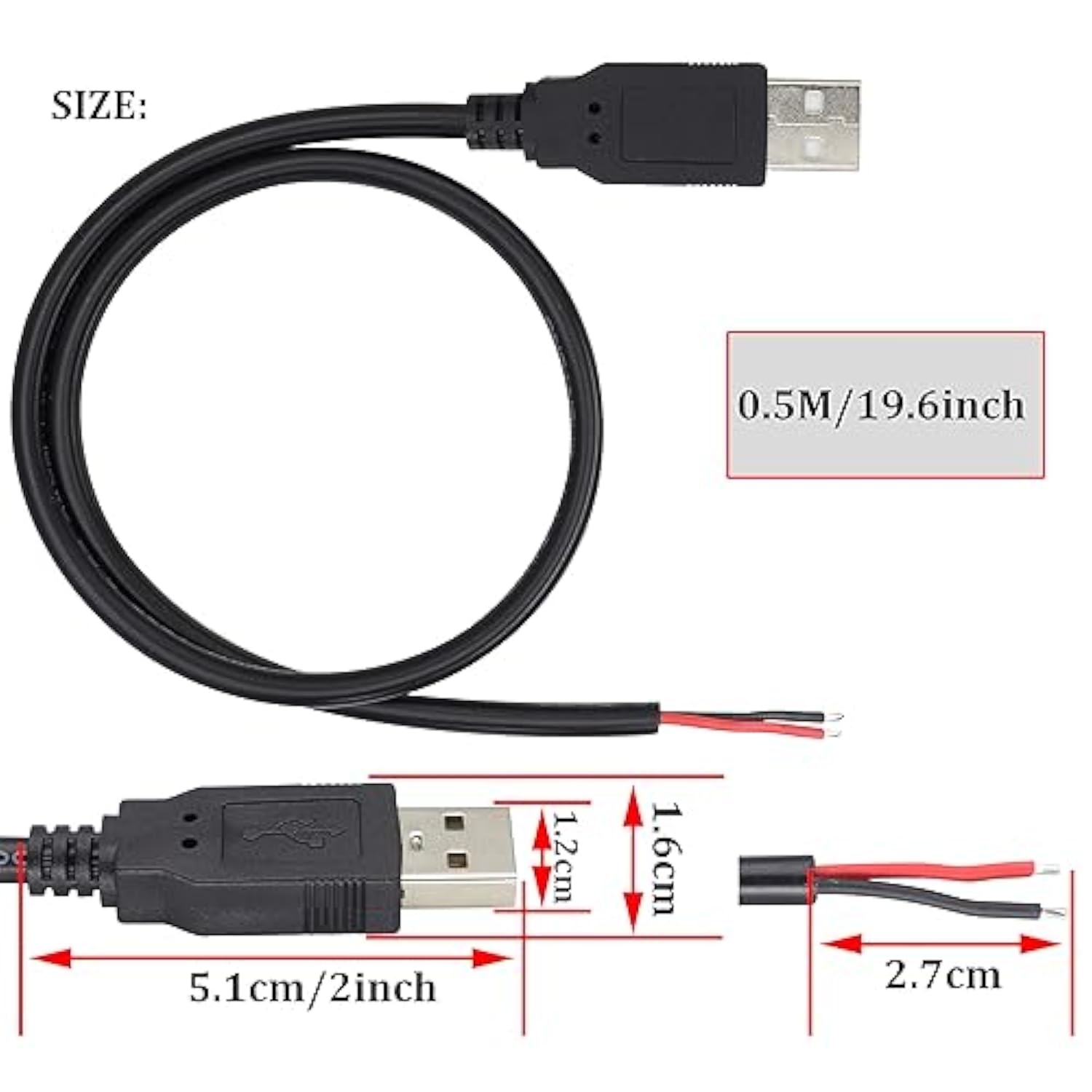 18Awg Usb 2.0 Male Plug To 2Pin Bare Cable Usb A Male Plug To 2Pin Bare Wire Pigtail Open End Extension Cable 5V 5A Power Charge Wires Diy Connector Cable [2Pack/Black][0.5M/1.6Ft]