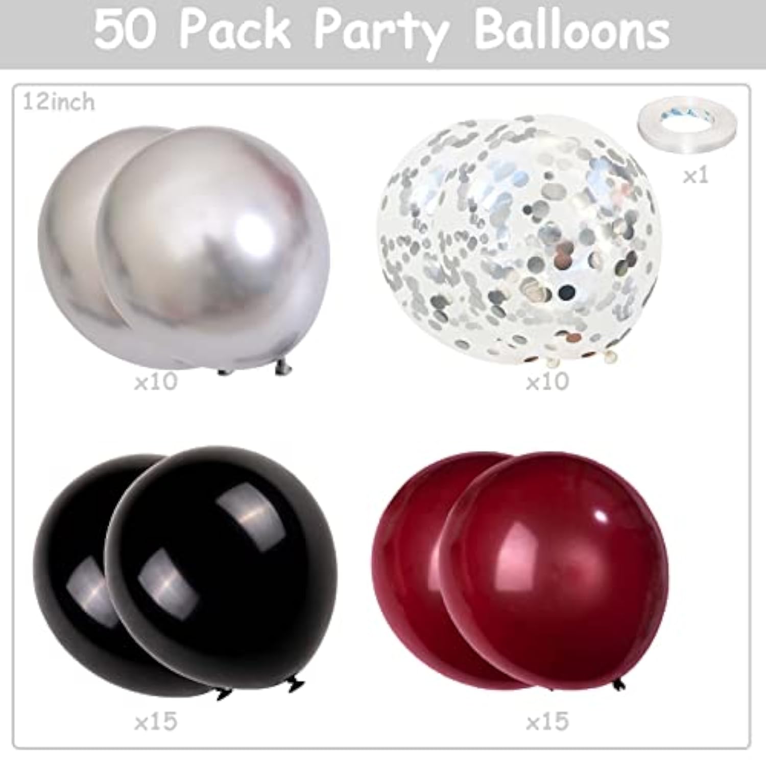 Burgundy Black Silver Balloon Set for Birthday Wedding Bridal Shower Parties