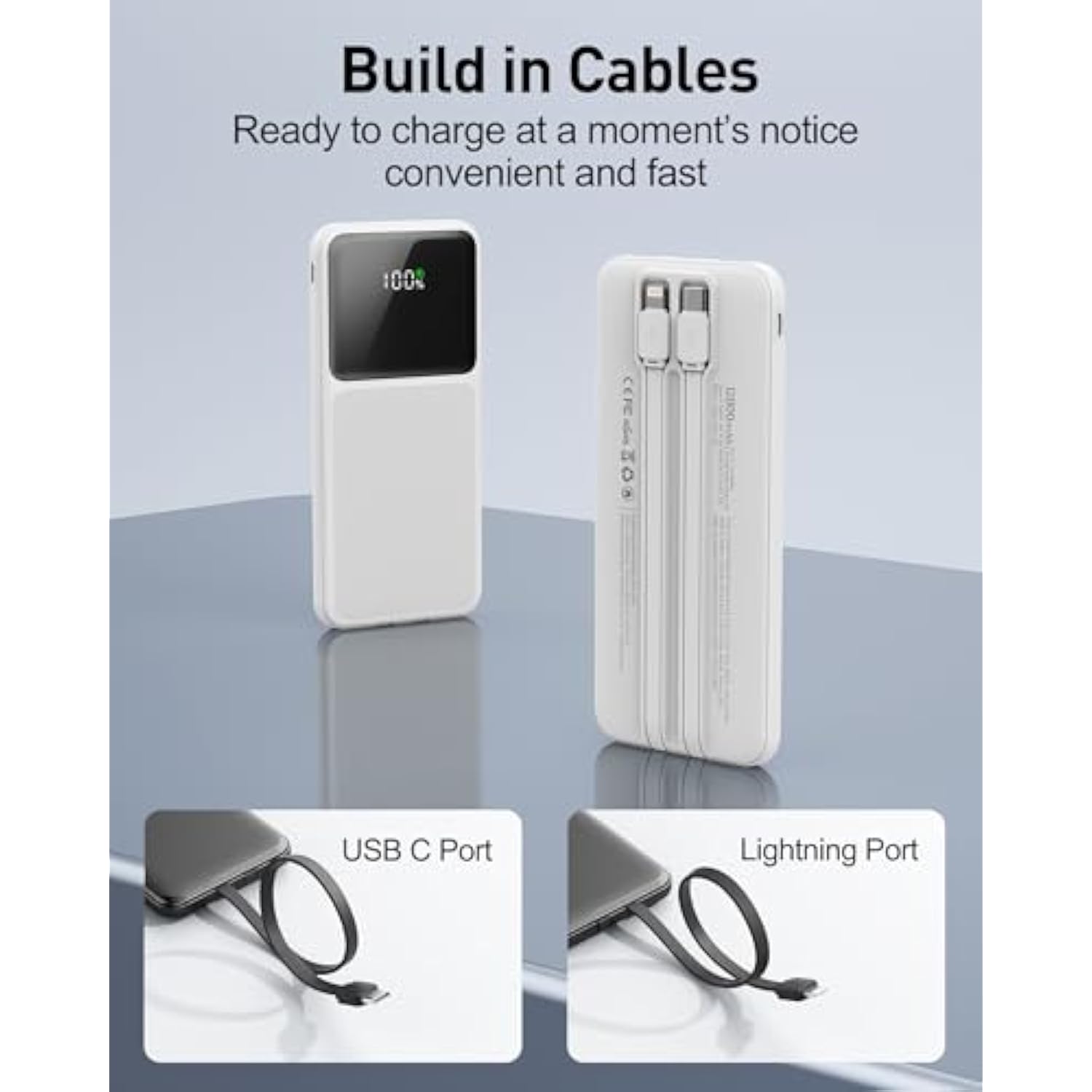 12800Mah Portable Charger With Built In Cables, 22.5W 3A High Speed Charging Travel Essentials, Led Display Slim Powerbank, 4 Outputs 2 Inputs Built-In Usb C&Lightning Cables For Iphone Ipad Android