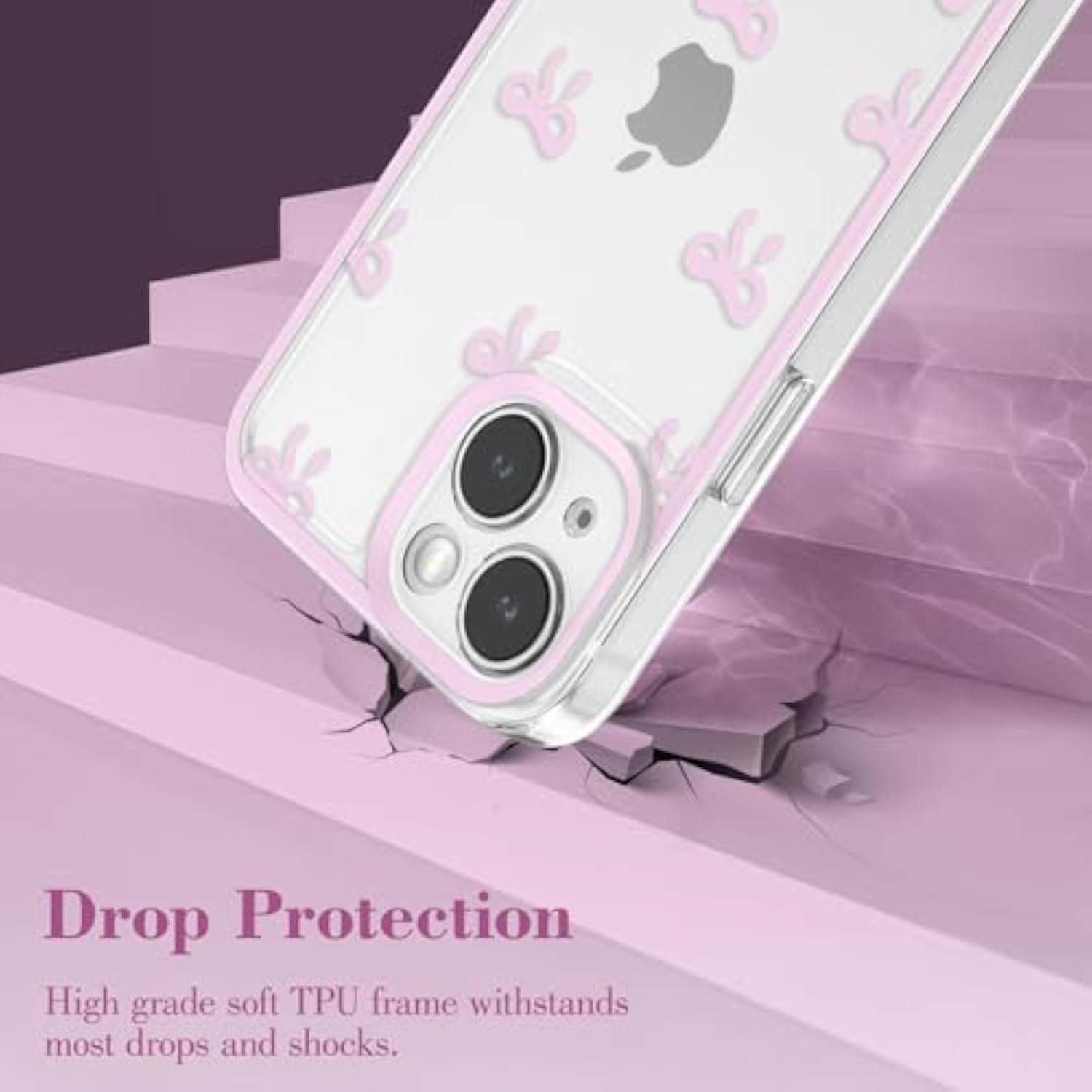 iPhone 15 Clear Bow Ribbon Case Pink Slim TPU Camera Protection