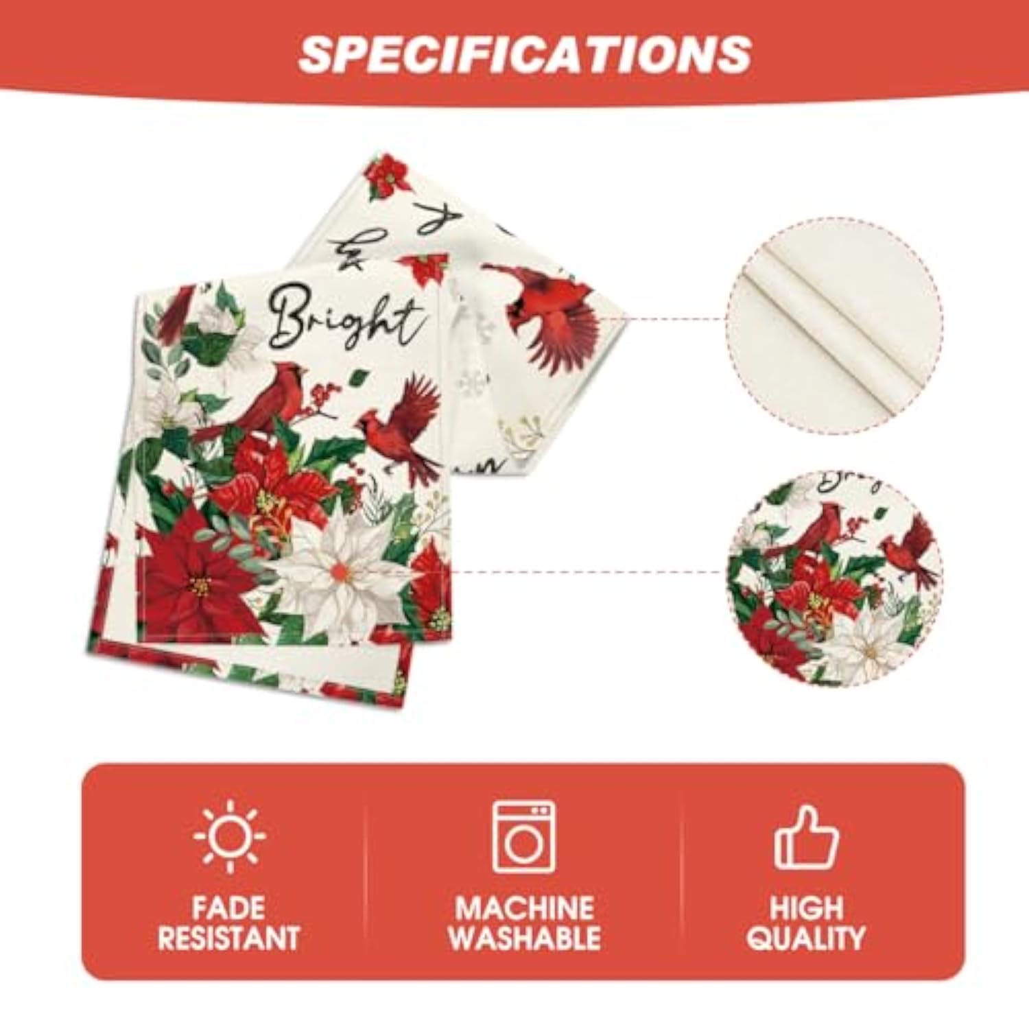 Poinsettia Birds Snowflake Merry Christmas Table Runner, Seasonal Winter Floral Kitchen Dining Table Decoration For Home Party Decor 13X48 Inch