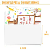 Art Birthday Invitation Card For Boys Girls, Painting Themed Birthday Party Invites, 30 Cards & 30 Envelopes, 4X6 Inches, Double-Sided