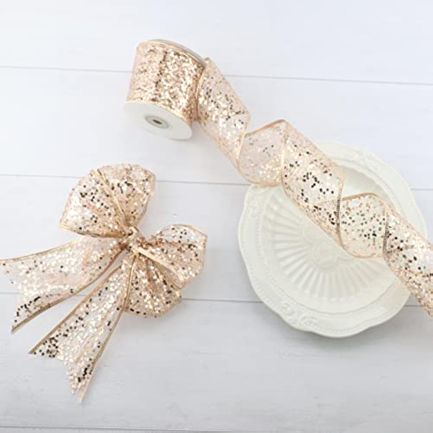 Rose Gold Wired Ribbon 2.5 Inch Rose Pink Shimmery Glitter Metallic Ri