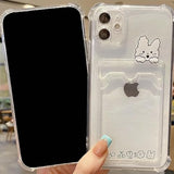Compatible with iPhone 15 Pro Max Case, Cute Kawaii Cartoon Bunny Bear Clear Credit Card Slot Holder Wallet Transparent Corner Protection Soft Shockproof Cover Phone Case (Bunny)