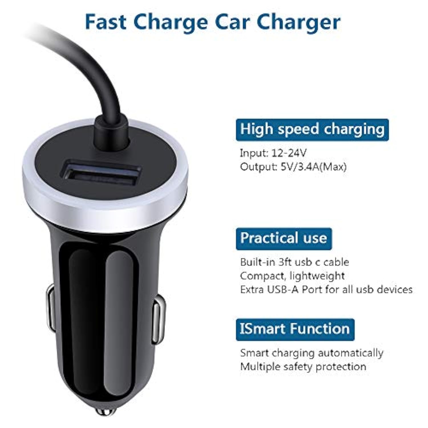 3.4A USB-C Car Charger with 3ft Cable for Samsung, LG, Moto, Google Pixel