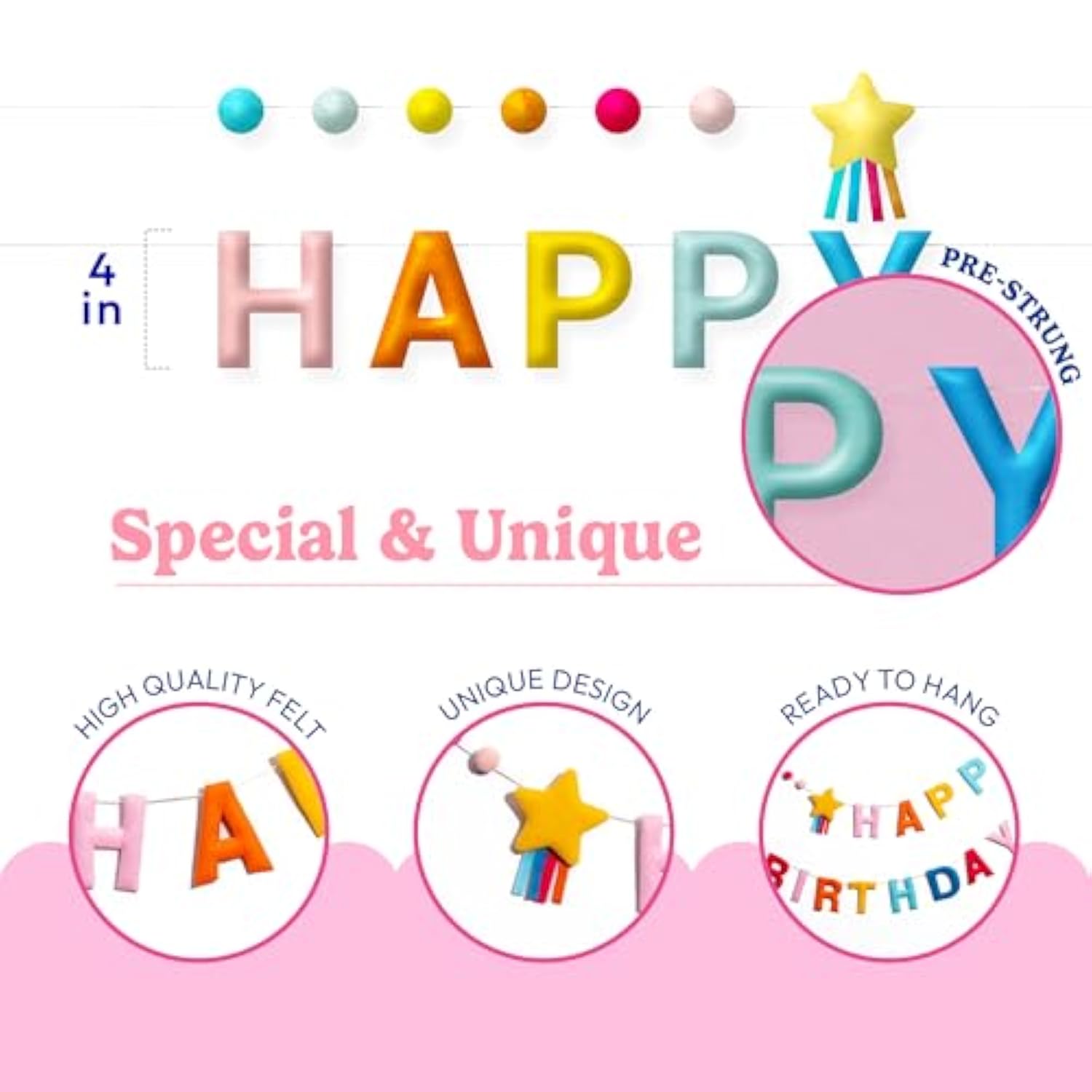 Happy Birthday Banner | Felt Birthday Banner | Rainbow Happy Birthday Sign For Birthday Backdrop For Bday Party Decoration