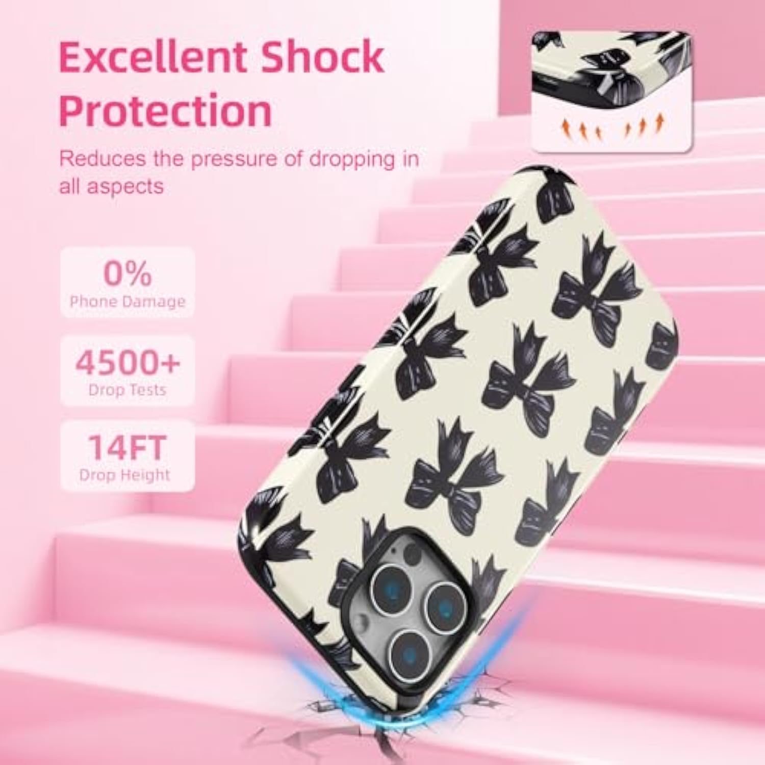 Case For Iphone 16 Pro Max, Aesthetic Black Ribbon Bow Phone Case For Girls Women, Protective Hybrid 2-Layer Hard Shell Silicone Cover Durable Shockproof Phone Cover - Beige