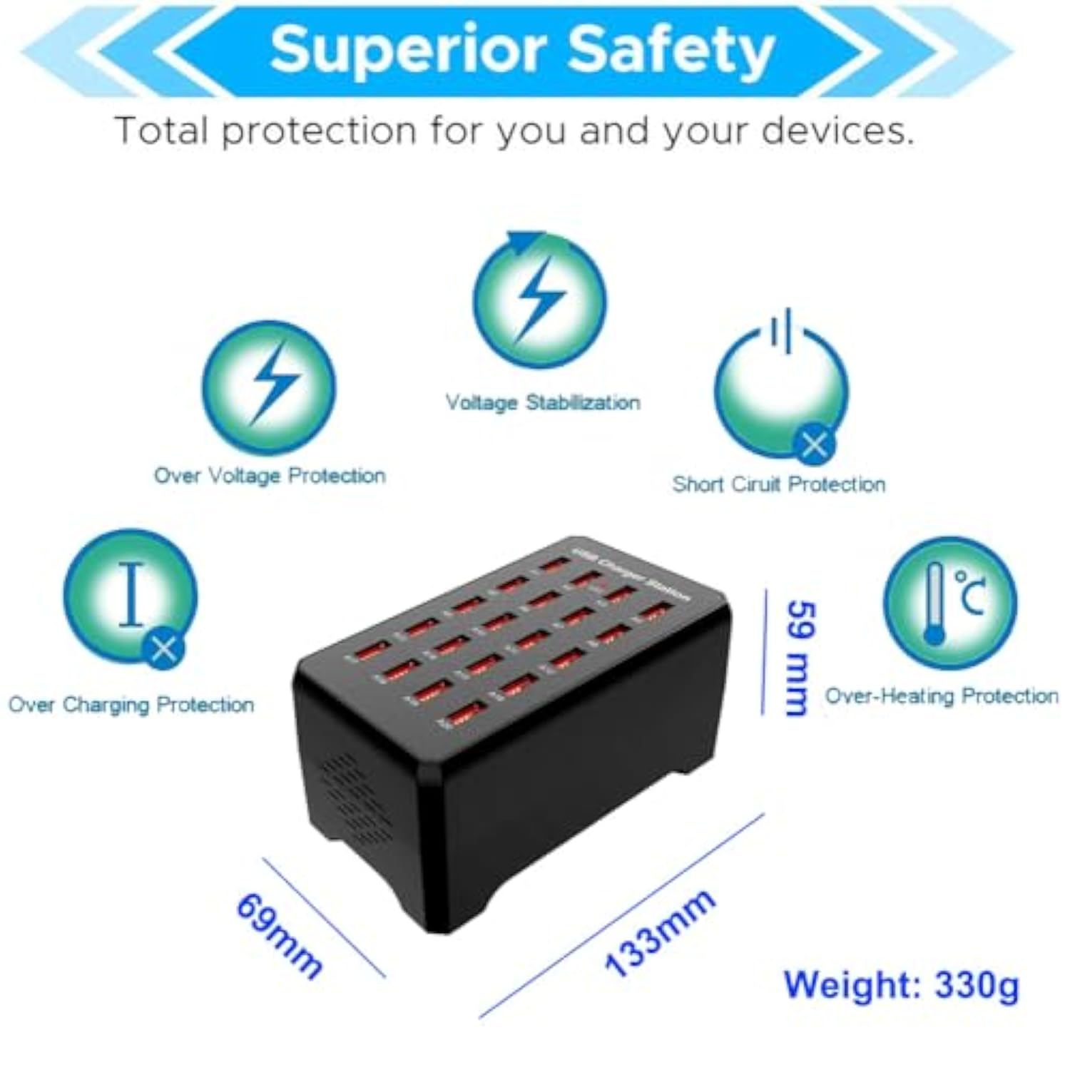 20-Port Usb Charger Station, 100W/20A, Compatible With Smartphones, Tablets, And Other Usb Devices