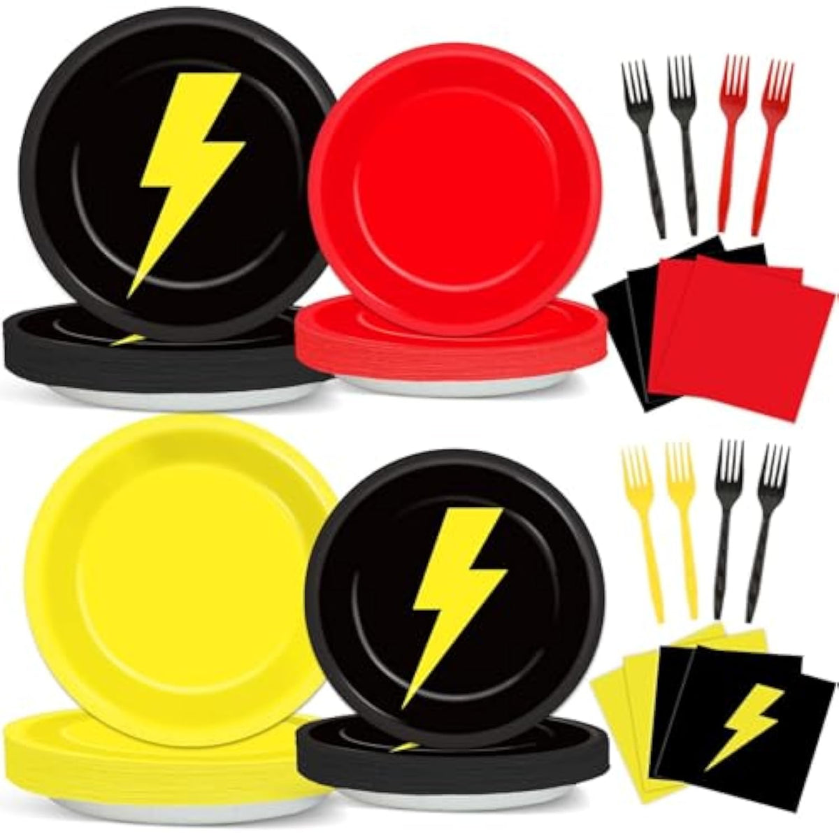 96Pcs Red Black Yellow Birthday Party Plates And Napkins For Cartoon Game Party Supplies Lightning Dessert Plates Cartoon Animated Parties Tableware Set For Kids 24 Guests Birthday Parties Decorations