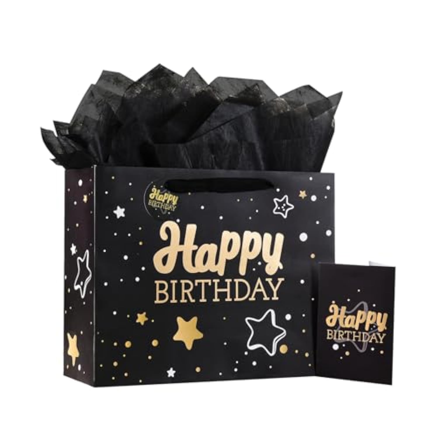 Black Birthday Gift Bag Medium 13x10.2x4.9 Inch Includes Card Tissue Paper Ribbon