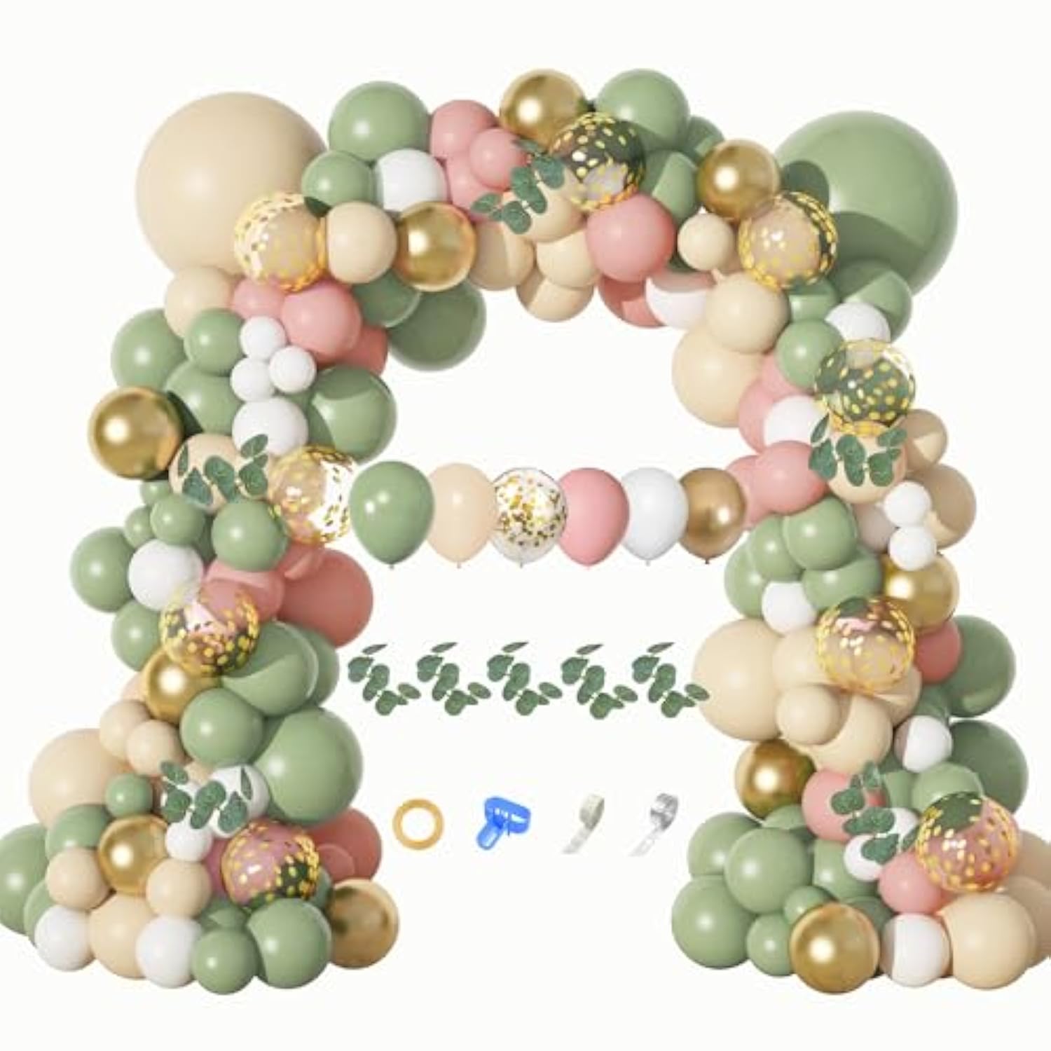 166Pcs Sage Green Balloon Garland Arch Kit Olive Green Blush Peach White Gold Balloons Artificial Eucalyptus Stems Jungle Safari Baby Shower Birthday Party Baptism Decorations For Boys Girls