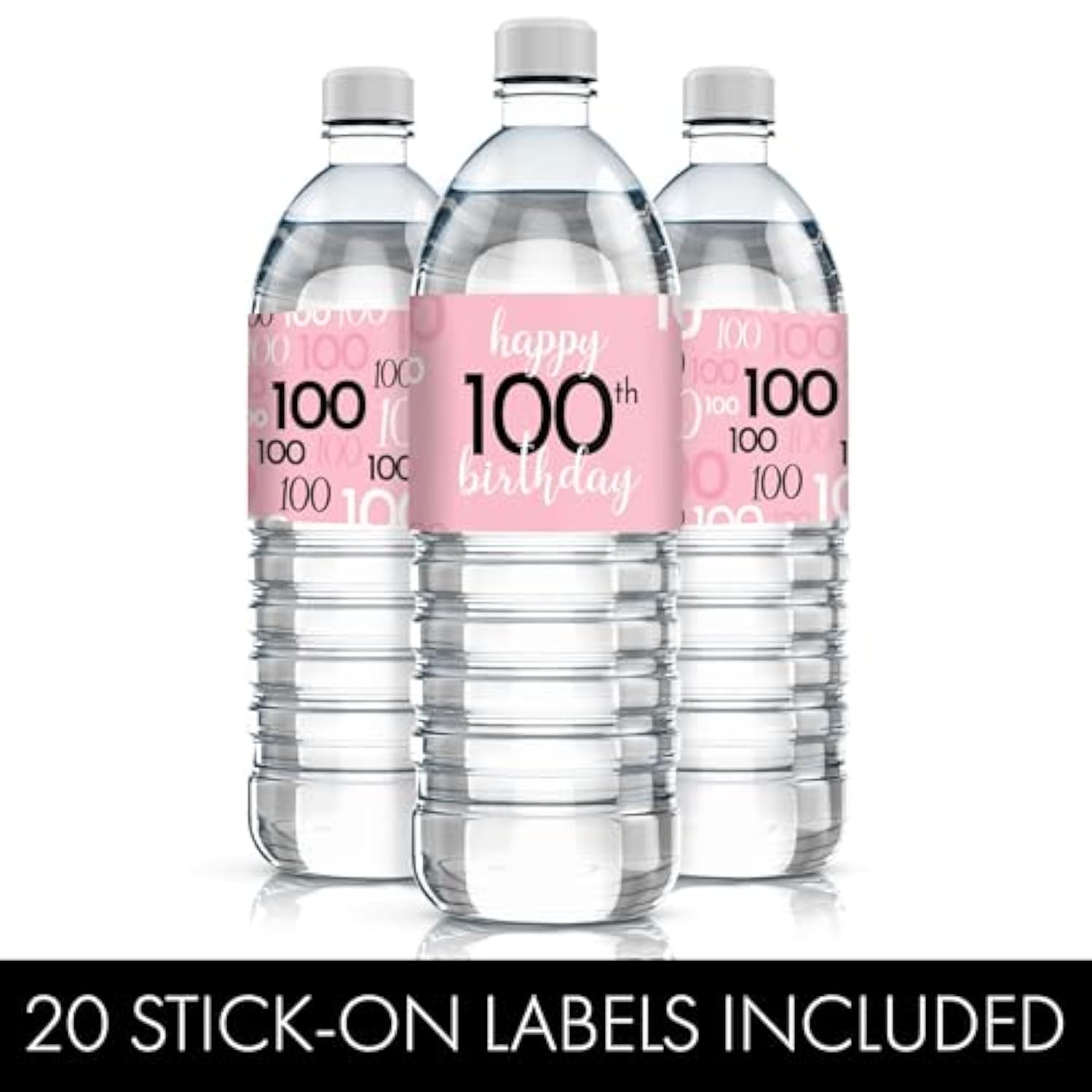Pink, Black, And White 100Th Birthday Party Water Bottle Labels - 20 Waterproof Wrappers - Pink Birthday Decorations For Women