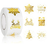Merry Christmas Stickers Roll Gold Foil Snowflake Xmas Tree Paper Decals 6 Design Sparkly Winter Self-Adhesive Decorative Stickers For Envelope Sealing Invitation Card Party Supplies, 500Pcs