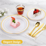 700 Piece Gold Dinnerware Set For 100 Guests, Disposable For Party, Include: 100 Gold Rim Dinner Plates, 100 Dessert Plates, 100 Paper Napkins, 100 Cups, 100 Plastic Silverware Set