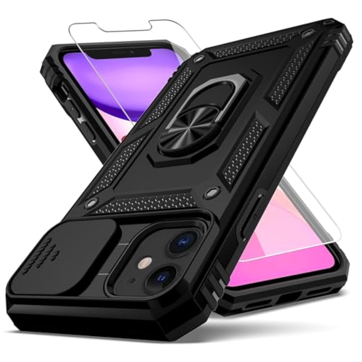 For Iphone 11 Case,With Camera Lens Cover Hd Screen Protector,[Military Grade] Ring Car Mount Kickstand Hybrid Hard Pc Soft Tpu Shockproof Protective Case For Iphone 11-Black
