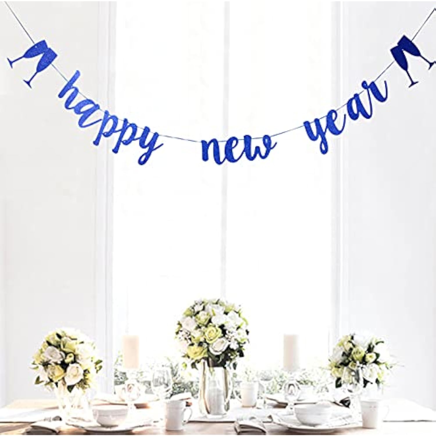 Happy New Year 2026 Banner Blue Glitter New Years Eve Party Decorations