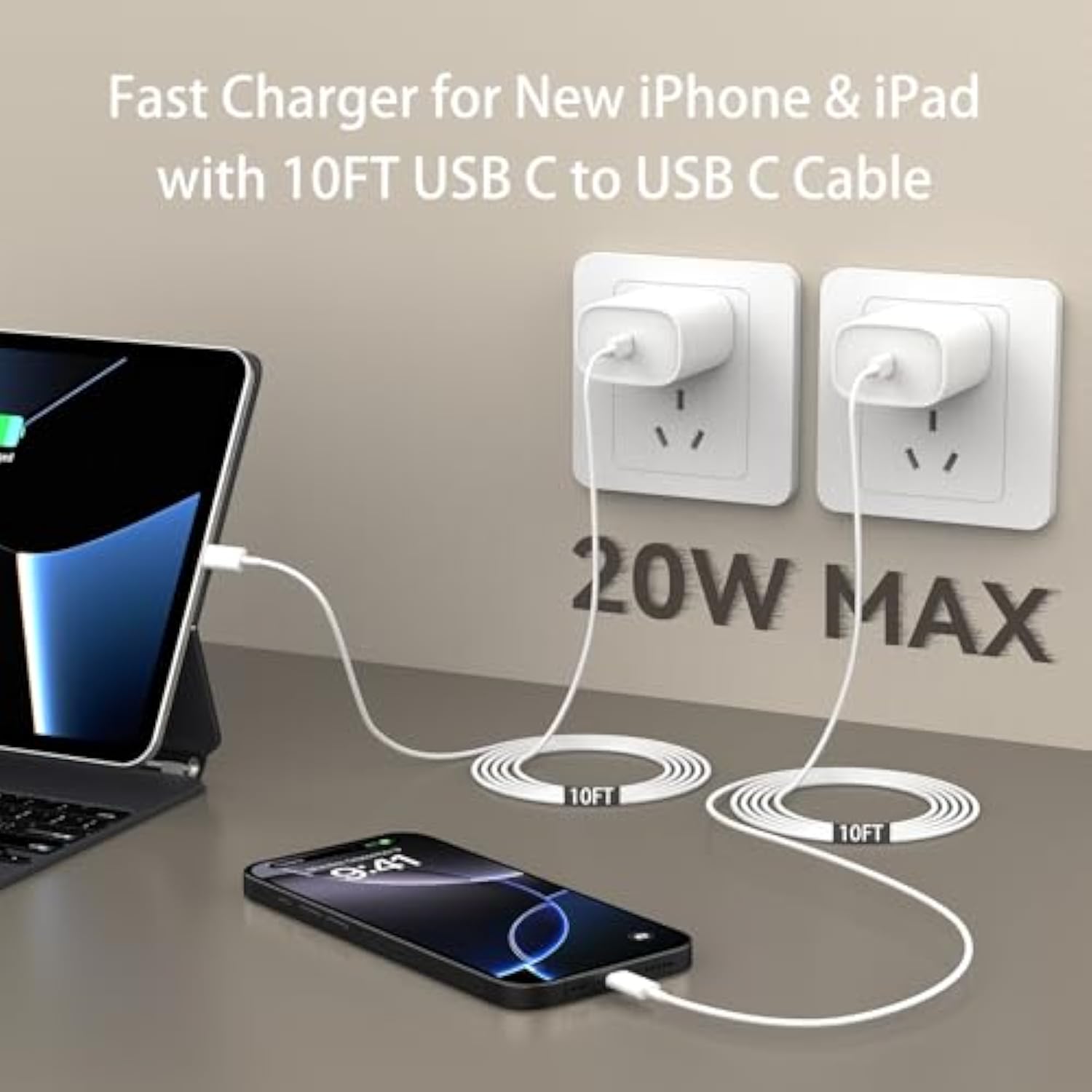 Iphone 16 Pro Max Charger Fast Charging, 10 Ft Long Usb C Phone Charging Cable Cord With Pd Fast 20W Iphone 16 Wall Charger Block For Iphone 16/16 Pro Max/16 Plus/15/15 Plus/15 Pro Max,Ipad Pro/Air