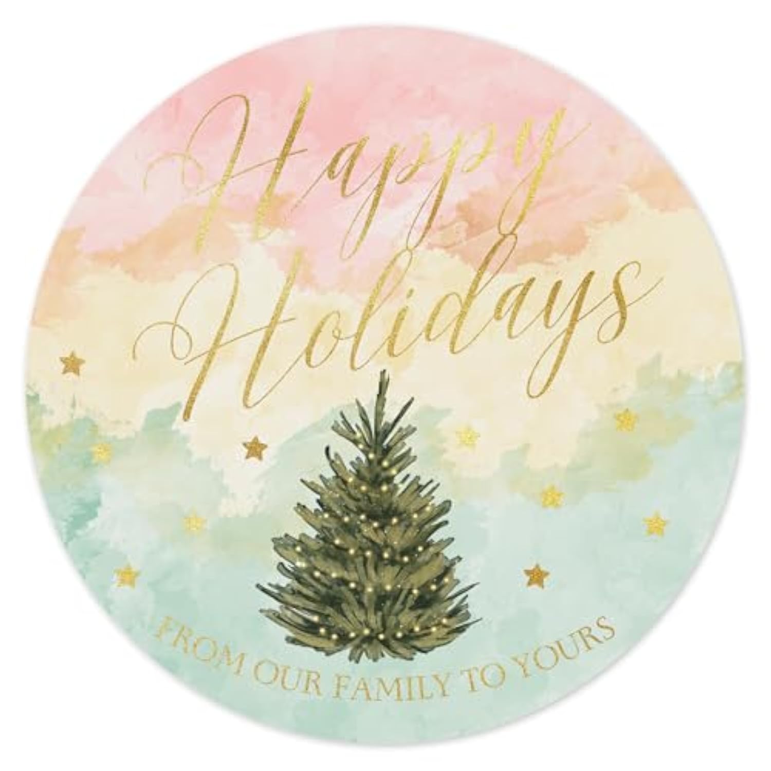 Watercolor Happy Holidays Stickers | Envelope Seals | 1.4 Inch | 135-Pack | Waterproof | Gold Foil | Pink Yellow And Green Watercolor Christmas Stickers Christmas Tree And Stars