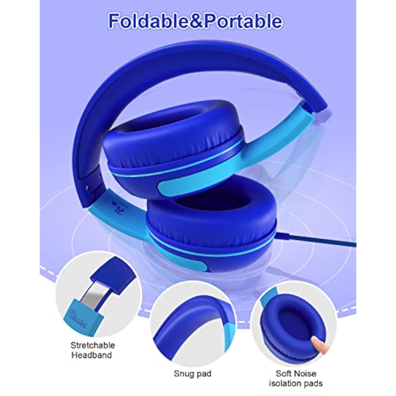 S8 Kids Wired Headphones, 85dB/94dB Limit, Adjustable, Mic, Navy/Blue