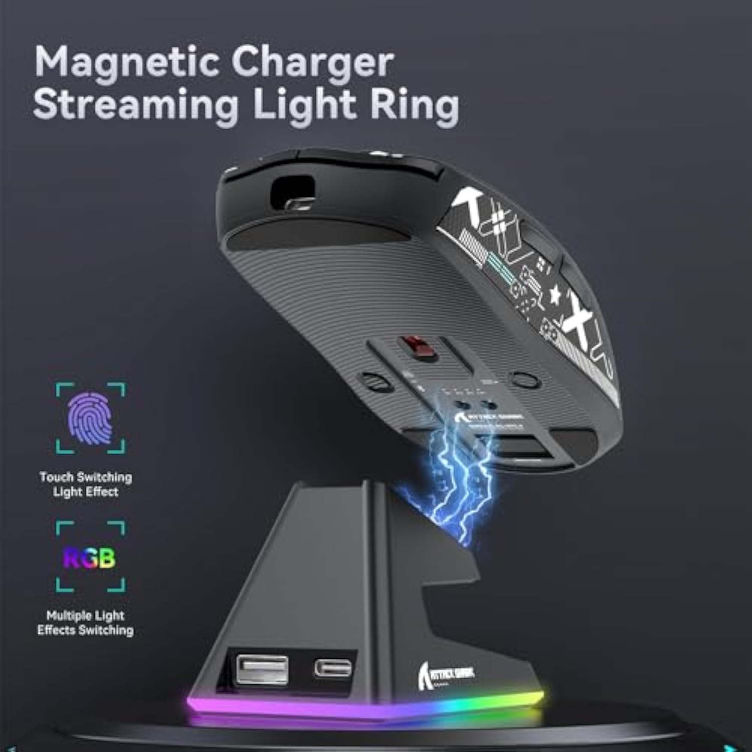 X6 Lightweight Wireless Gaming Mouse With Rgb Backlight Charging Base,Tri-Mode Wired/2.4Ghz/Bt5.2,26K Dpi, Paw3395 Optical Sensor,Huano Switch,5Programmable Buttons,Pc/Mac(Black+Sticker)