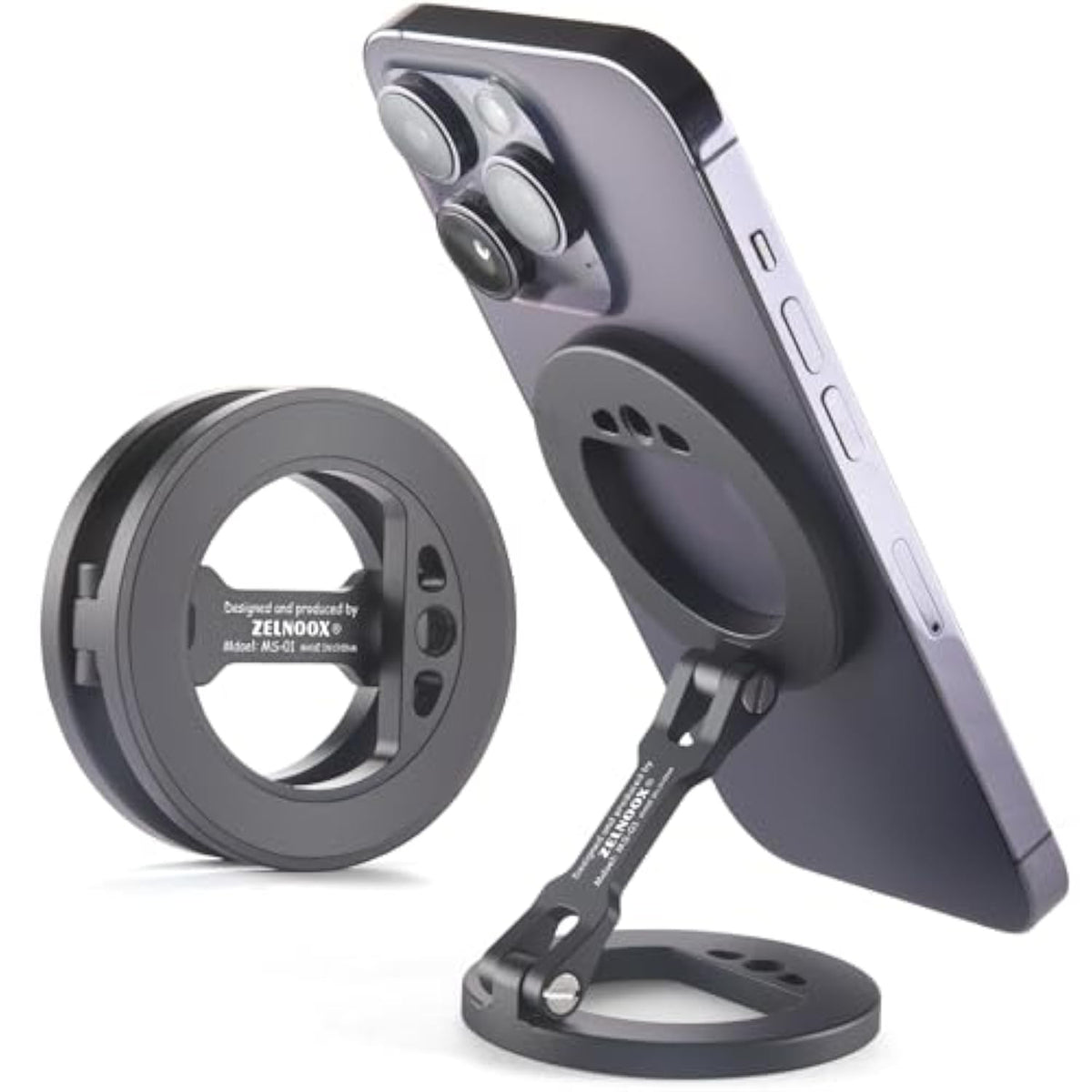 Double Magnetic Ring Phone Holder – Attach To Any Iron Surface | 1/4" Screw Hole | Compatible With 16/15/14/13/12 Pro Max Series & Magsafe Cases (Ms-01-Black)