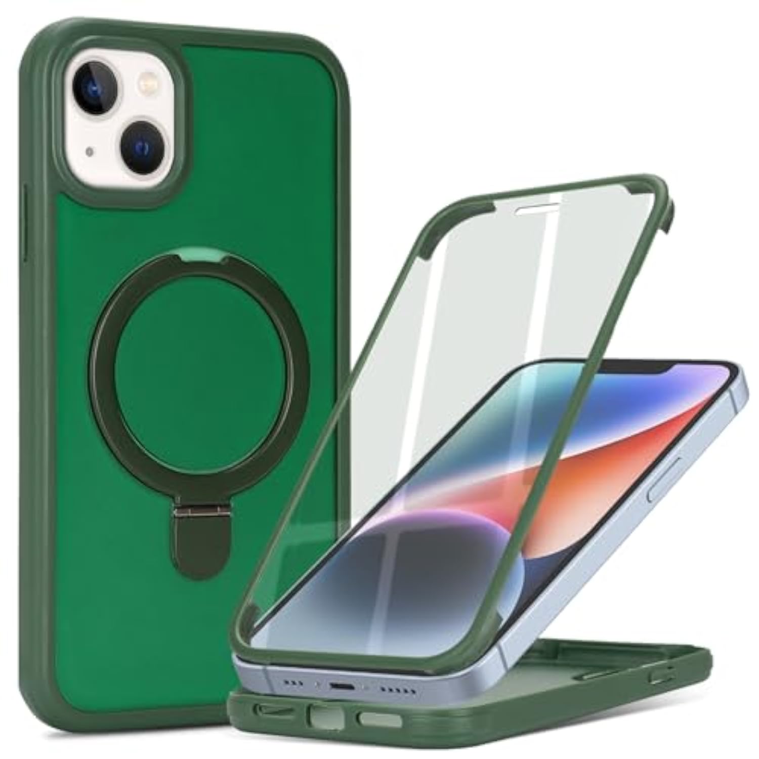 For Iphone 13 Mini Case With Magnetic Ring Stand And Built-In Screen Protector,For Apple Iphone 13 Mini Phone Cases With 360 Full Body Protective And Magsafe For Men Women Gril-Dark Green