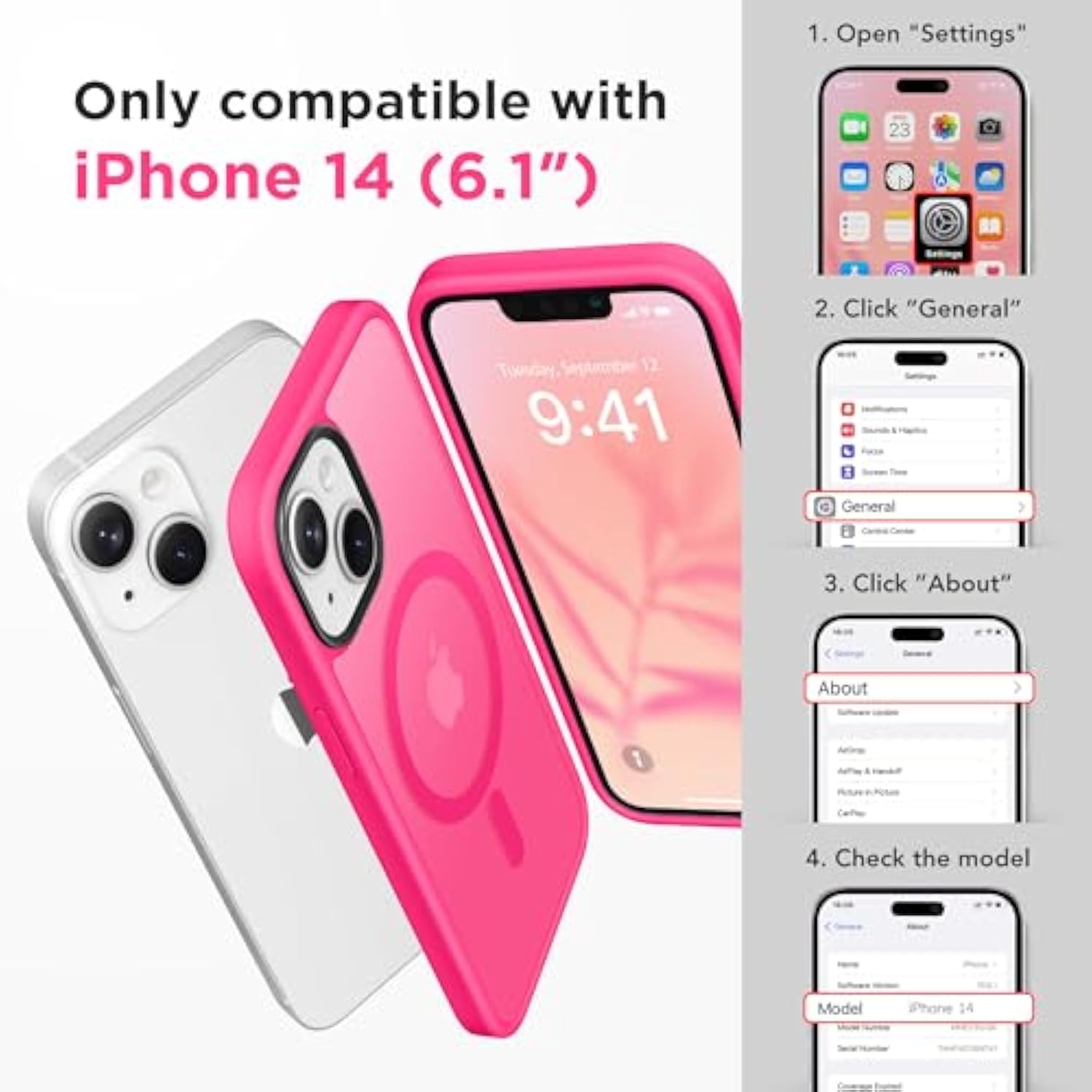 Magnetic For Iphone 14 Case,Compatible With Magsafe,[-Grade Drop Protection][Anti-Fingerprint] Slim Translucent Matte Shockproof Phone Protective Case For Iphone 14 6.1"(Hot Pink)