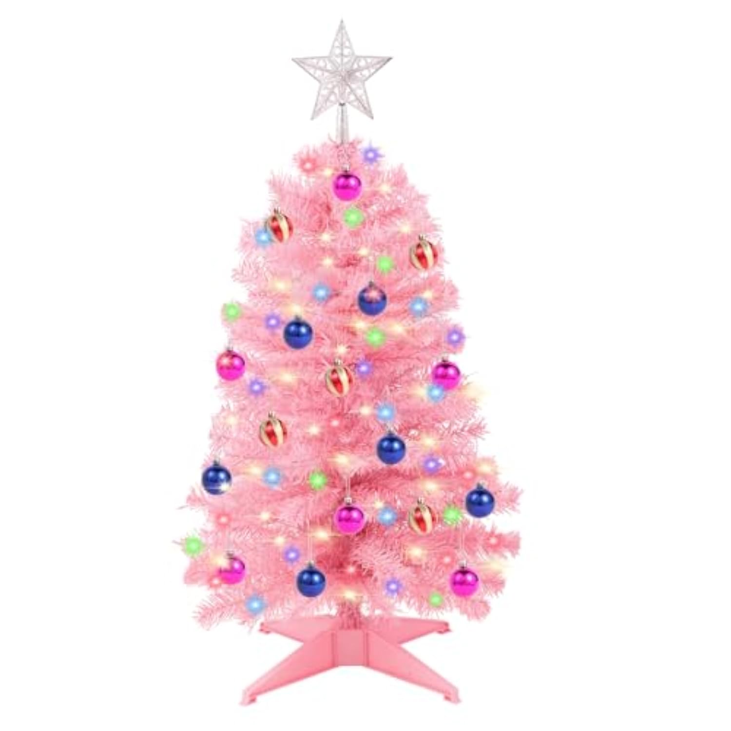 3Ft Christmas Tree With Lights, Table Christmas Tree With 50 Led 12 Modes, 3D Star, 15 Hanging Ball Ornaments, Small Prelit Xmas Tree For Tabletop, Home And Office (Pink)