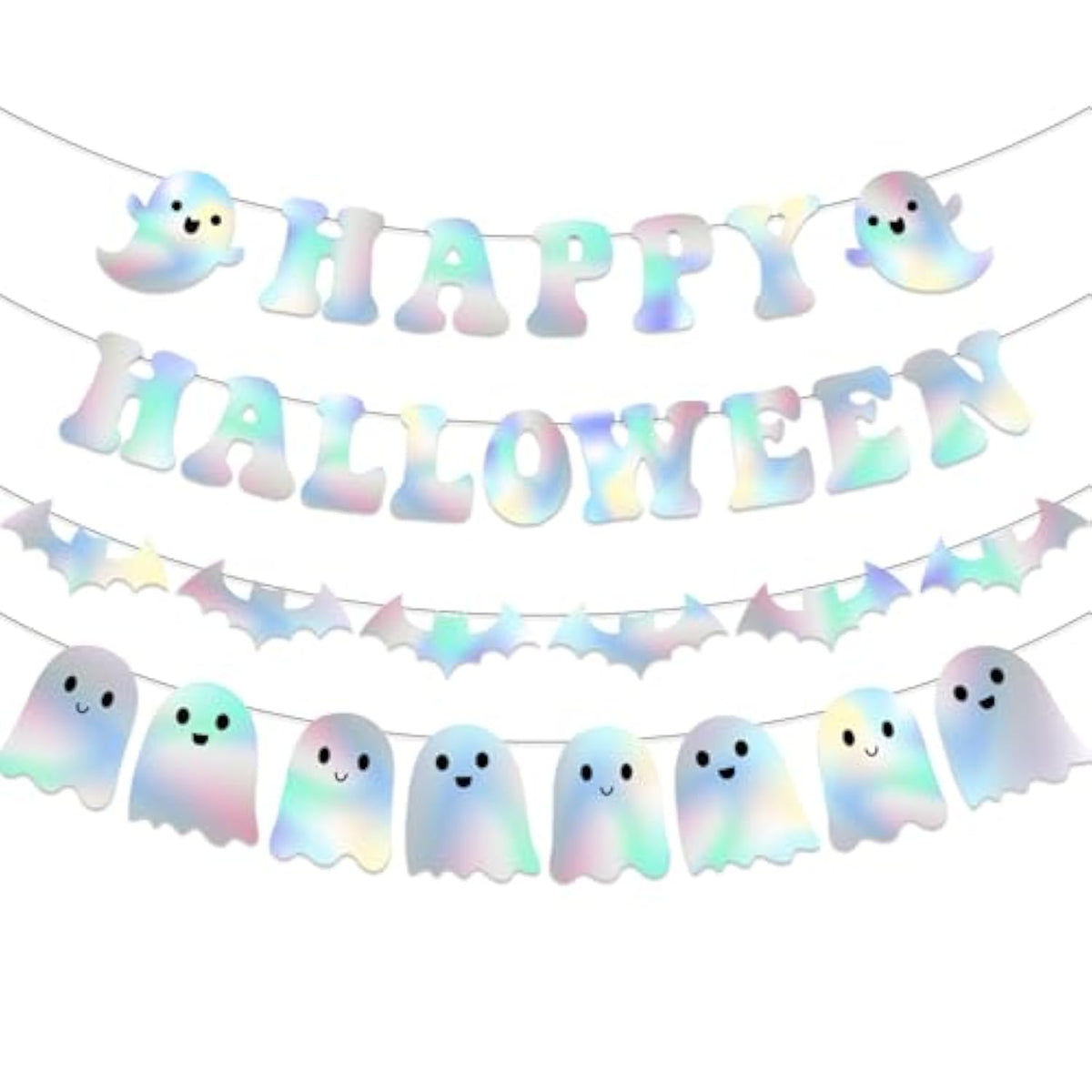 Iridescent Happy Halloween Banner Ghost Bat Garland Neon Glitter Party Decorations
