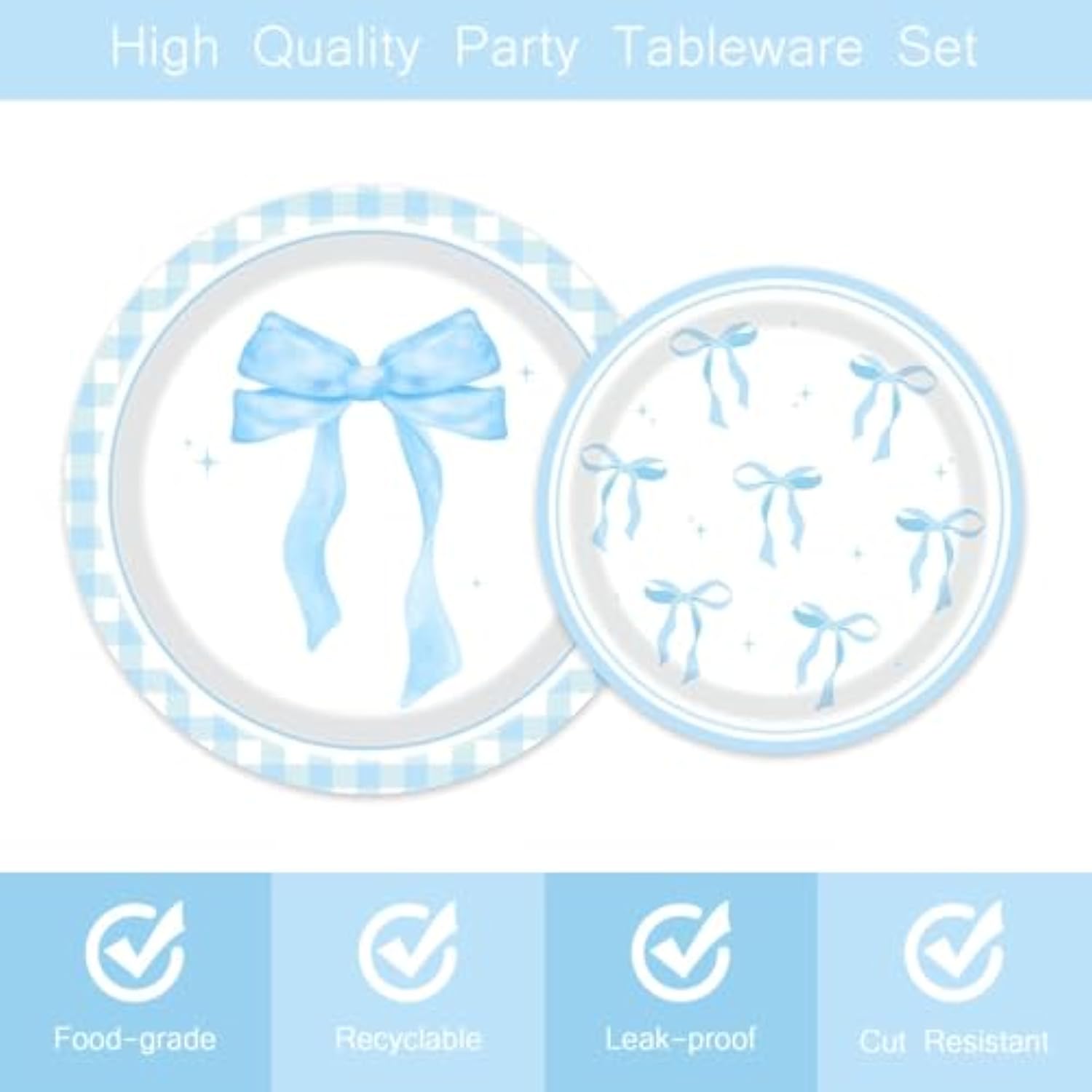 96Pcs Blue Bow Party Supplies Birthday Tableware Set Blue White Bowknot Party Plates And Napkins For Baby Boy Girl Bow Birthday Dinnerware Party Favors For 24 Guests