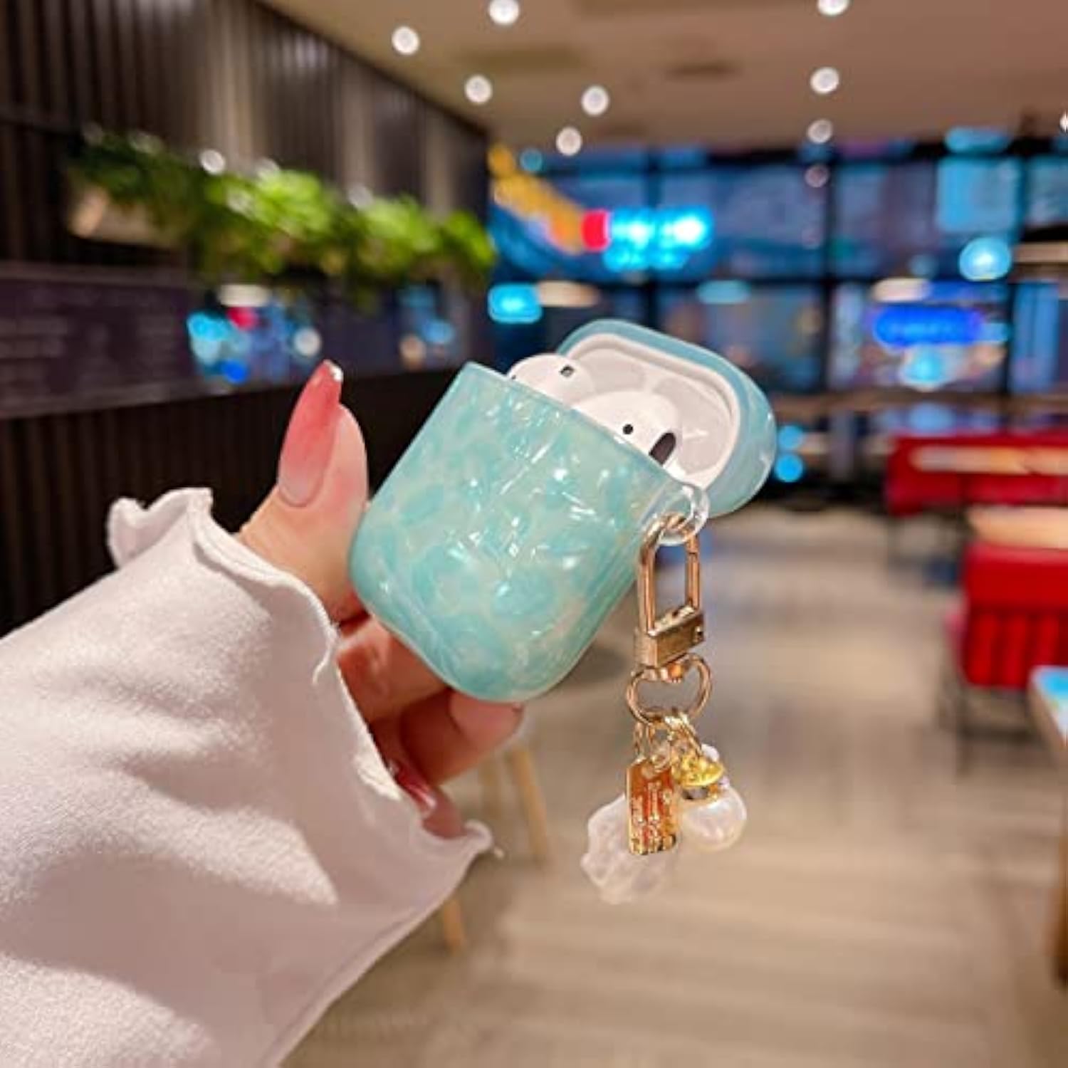 Cute Case For Airpod Pro 2 With Shell Pearl Keychain Luxury Aesthetic Leopard Hard Tpu Protective Cover Compatible With Airpods Pro 2019 2022 2023 For Girls Women (Turquoise Blue)