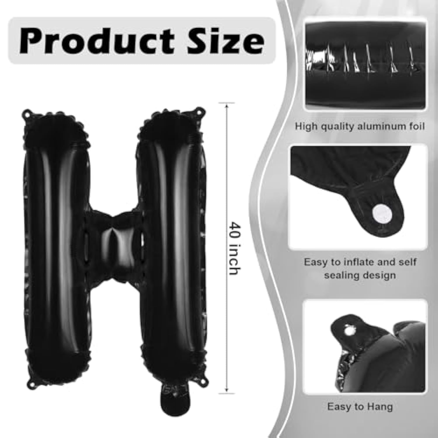 Black Letter H Balloons, 40 Inch Large Foil Letter Balloons, Custom Phrase Balloon For Birthday Party Wedding Anniversary Decoration (Black H)