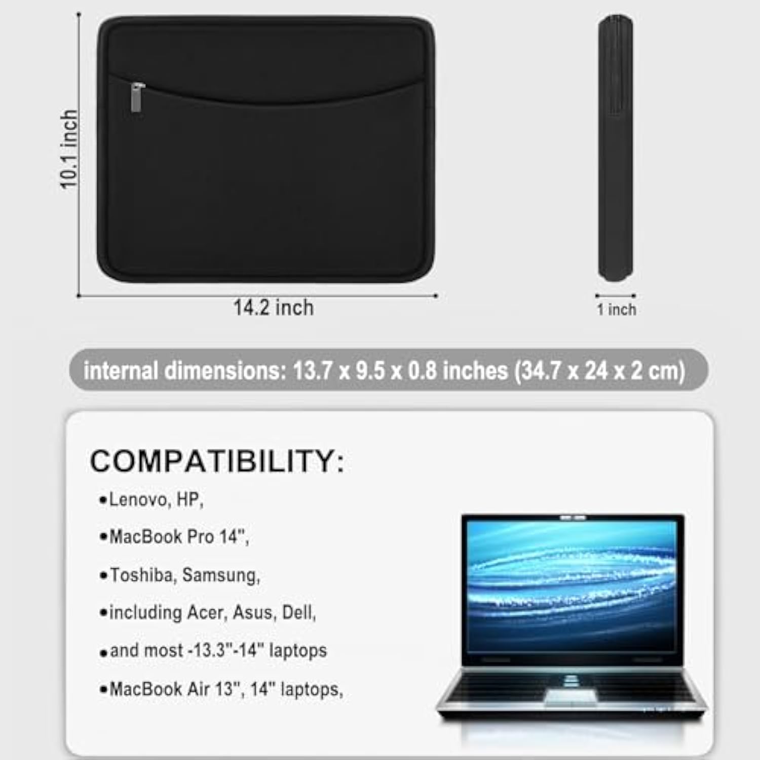 Laptop Sleeve Case 14 Inch, Shockproof Protective Laptop Cover Briefcase Carrying Computer Bag With Accessory Pocket Portable Computer Sleeve For 14" , Hp, Dell, Lenovo, Acer, Black