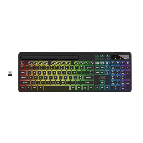 Kb600 Wireless Keyboard With 7-Color Rgb Backlit, 2.4Ghz Full-Size Computer Keyboard With Phone Tablet Holder, Number Pad, 22 Multimedia Hotkeys, Rechargeable For Mac, Windows