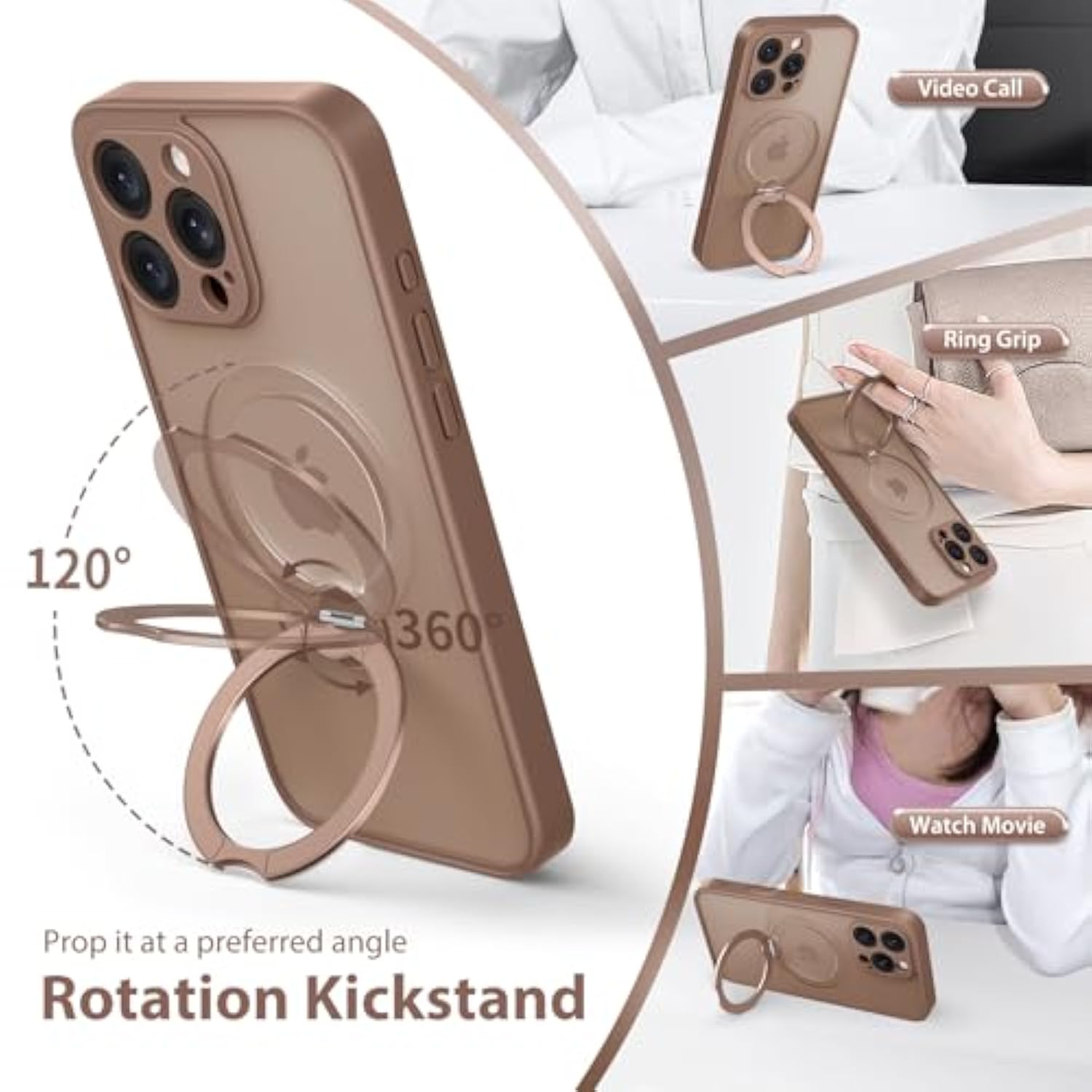 360° Spin Magnetic Stand For Iphone 16 Pro Max Case, [Compatible With Magsafe] [Full Camera Protection] [16Ft Military Drop Protection], Silm Translucent Matte Phone Case, Brown
